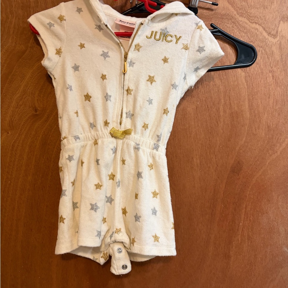 Juicy Couture Cream Hooded Terry Romper with Gold & Silver Stars size 24 months
